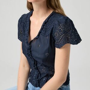 PAIGE Women's Navy Quinta Eyelet Short Sleeve Blouse Top NWT Size 6